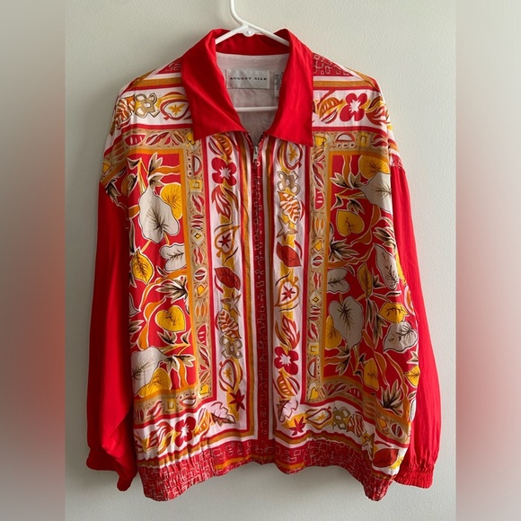 August Silk red floral print lightweight silk zip up jacket size 3XL - Picture 1 of 11